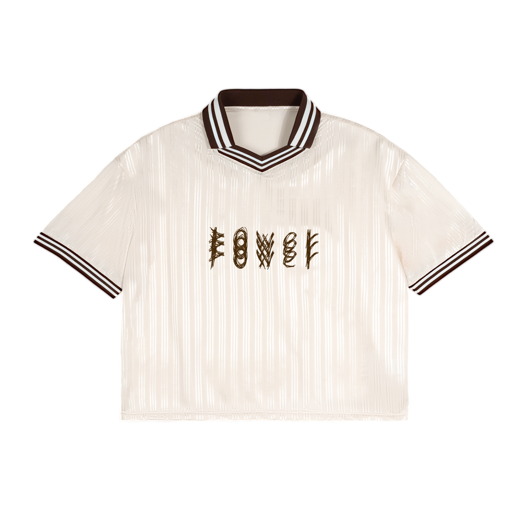 " POWer " Beige Tee w Stripped Collar